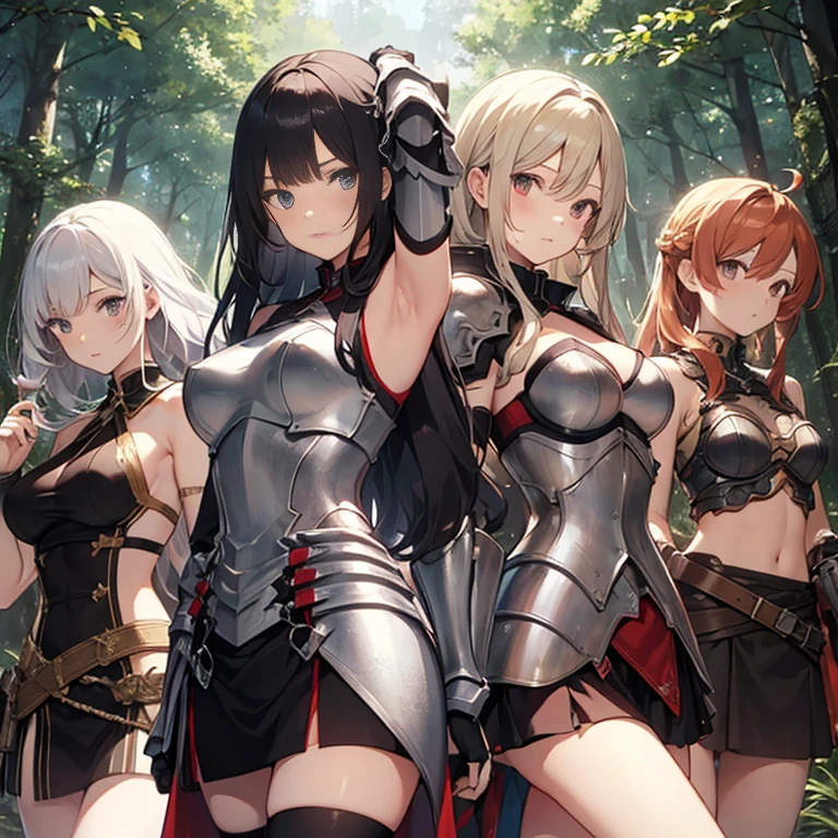 A group of young female knight, (in forest), various hair styles, harem, wearing armored clothes, metal armor, night, details face, , short skirt, seducing, sword, sleeveless , showing armpits