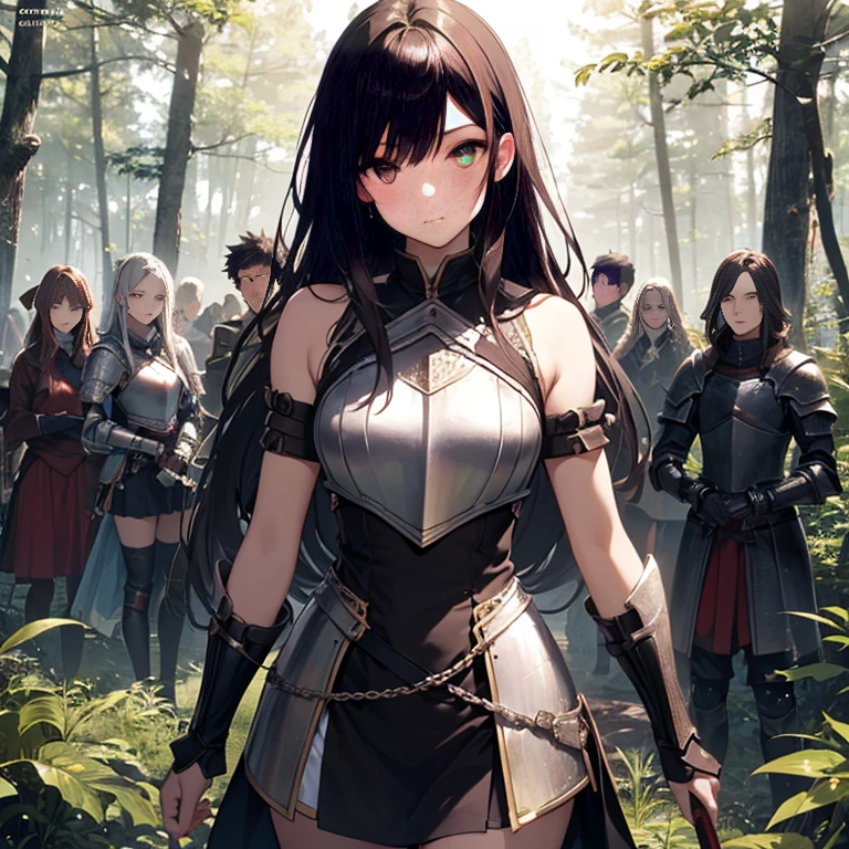 A group of young female knight, (in forest), various hair styles, harem, wearing armored clothes, metal armor, night, details face, , short skirt, seducing, sword, sleeveless , showing armpits 