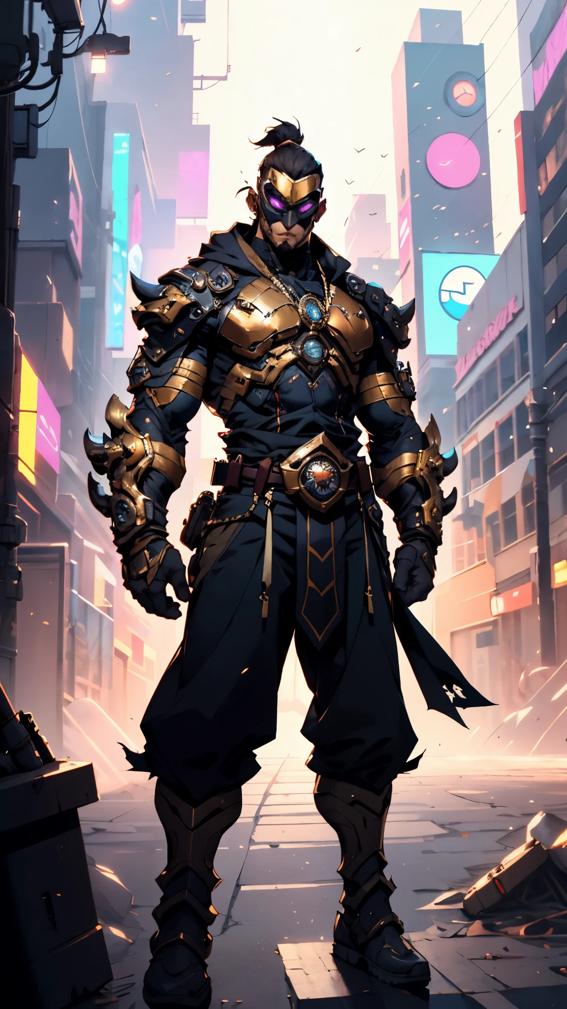An adult man with tousled and messy dark blonde hair, a metallic beast concept mask covering his entire face, full mask, cold and penetrating gaze, a sturdy physique, a loose cyberpunk-style short jacket over a T-shirt, metal wrist guards, a belt around his waist, loose utility pants, adopting a relaxed posture within the cyberpunk-style city, city night view, this character embodies a finely crafted cyberpunk-style masked warrior in anime style, exquisite and mature manga art style, high definition, best quality, highres, ultra-detailed, ultra-fine painting, extremely delicate, professional, perfect body proportions, golden ratio, anatomically correct, symmetrical face, extremely detailed eyes and face, high quality eyes, creativity, RAW photo, UHD, 32k, Natural light, cinematic lighting, masterpiece-anatomy-perfect, masterpiece:1.5