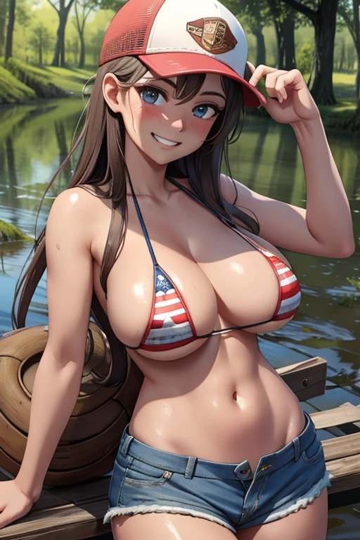 4k, fine detail, masterpiece, high quality eyes,perfect light, soft shadows, best character art , 1 girl, half nude, open clothes, massive breasts, mudgirl, baseball cap, backwards hat, sunglasses,mud, mud on the face, mud on the breasts, smile, grin, blush, drunk, american flag bikini, flag print, denim shorts, Louisiana swamps, party, 