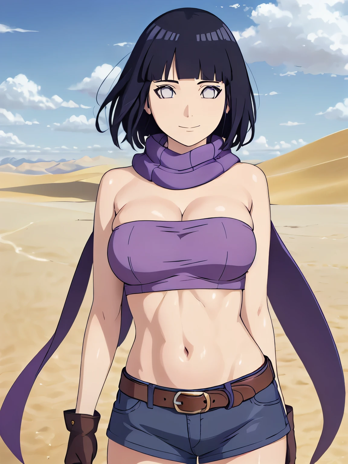 (hinata\(boruto\), (high quality, anime, tall), ((mini purple Bandeau top, tight purple Bandeau top)), ((fingerless gloves, blue shorts with belt, black scarf)), (both arms down, (both armpits in full glory, two armpit line),  curvy body, extremely slim waist, off-shoulders, big breasts, cleavage, groin lines, little biceps, smile, closed mouth), (posing in photoshoot), pale skin, ((floating hair, dark blue, short hair, hime cut، loose hair), (location: very hot desert)
