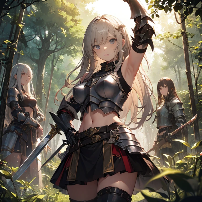 A group of young female knight, (in forest), various hair styles, harem, wearing armored clothes, metal armor, night, details face, , short skirt, seducing, sword, sleeveless , showing armpits, midriff 