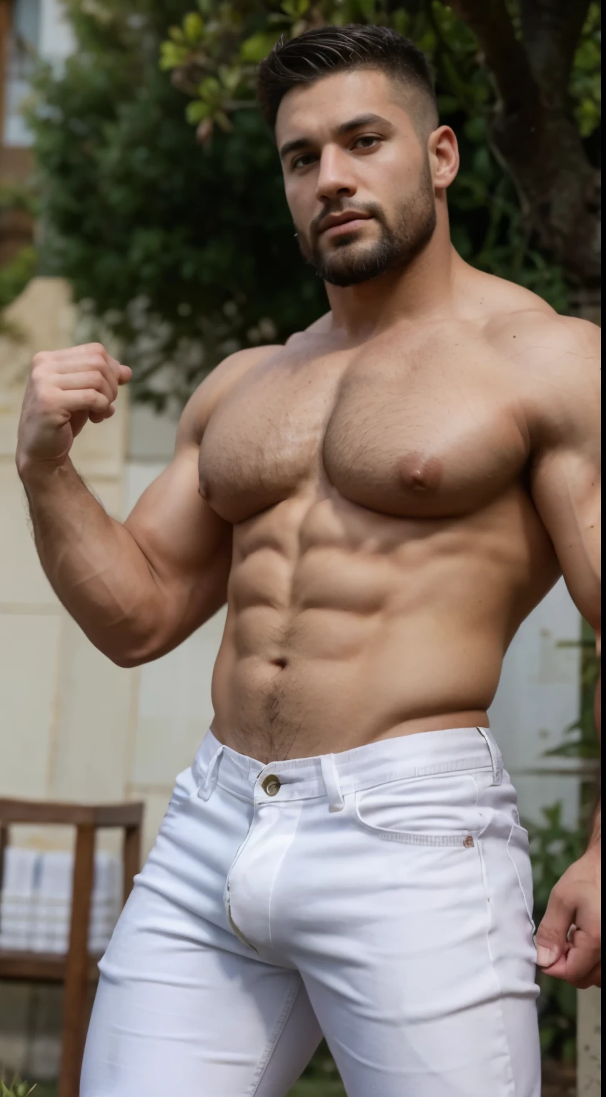 pieza masetero、fornido、FOTO DE CUERPO COMPLETO、25 years、jugadores de rugby、Salvaje、bbw、muscular、macho、gente masculina、de pelo corto、Corte desvanecido. full body. , Bubble butt, naked normal detailed penis and testicles . White jeans