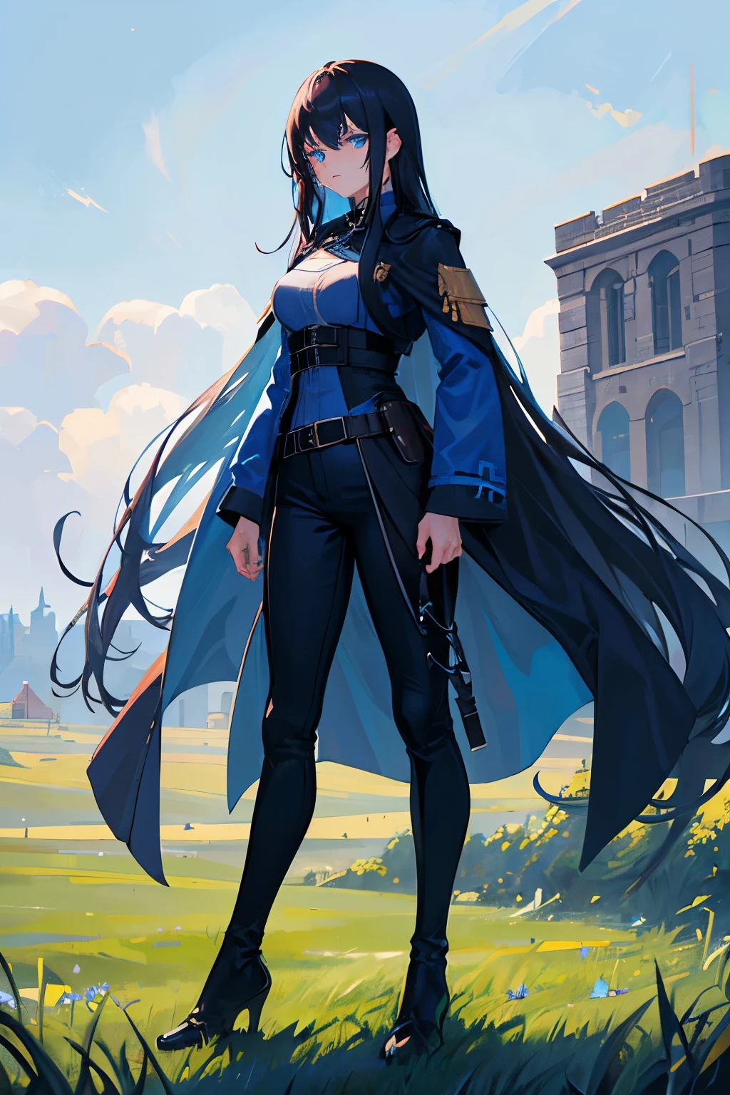 1girl, Black straight long hair, blue eyes, (Detailed face), Full body, ((intense Blue trench coat)), medieval, (Grasslands bakcground), masterpiece, black pants, (cute face)