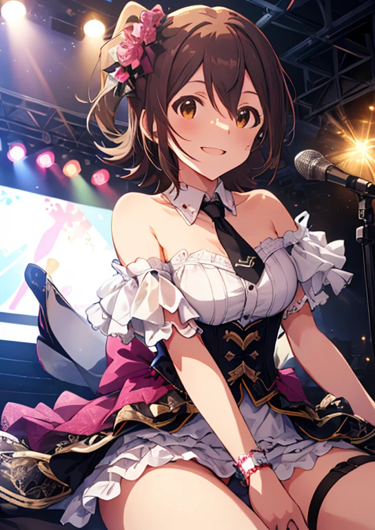 Mirai Kasuga (million live), (highest quality, 8K, masterpiece, Super detailed:1.2), (Lens flare, particles of light, shine), big breasts, smile, open your mouth, masterpiece, highest quality, Super detailed, High resolution, Very detailed CG, official art, idol costume, pink tie,white skirt, off shoulder, stage, sexy, NFSW, panty shot, ((M-shaped spread legs)), Spread your legs and stretch,Panties that dig into the crotch