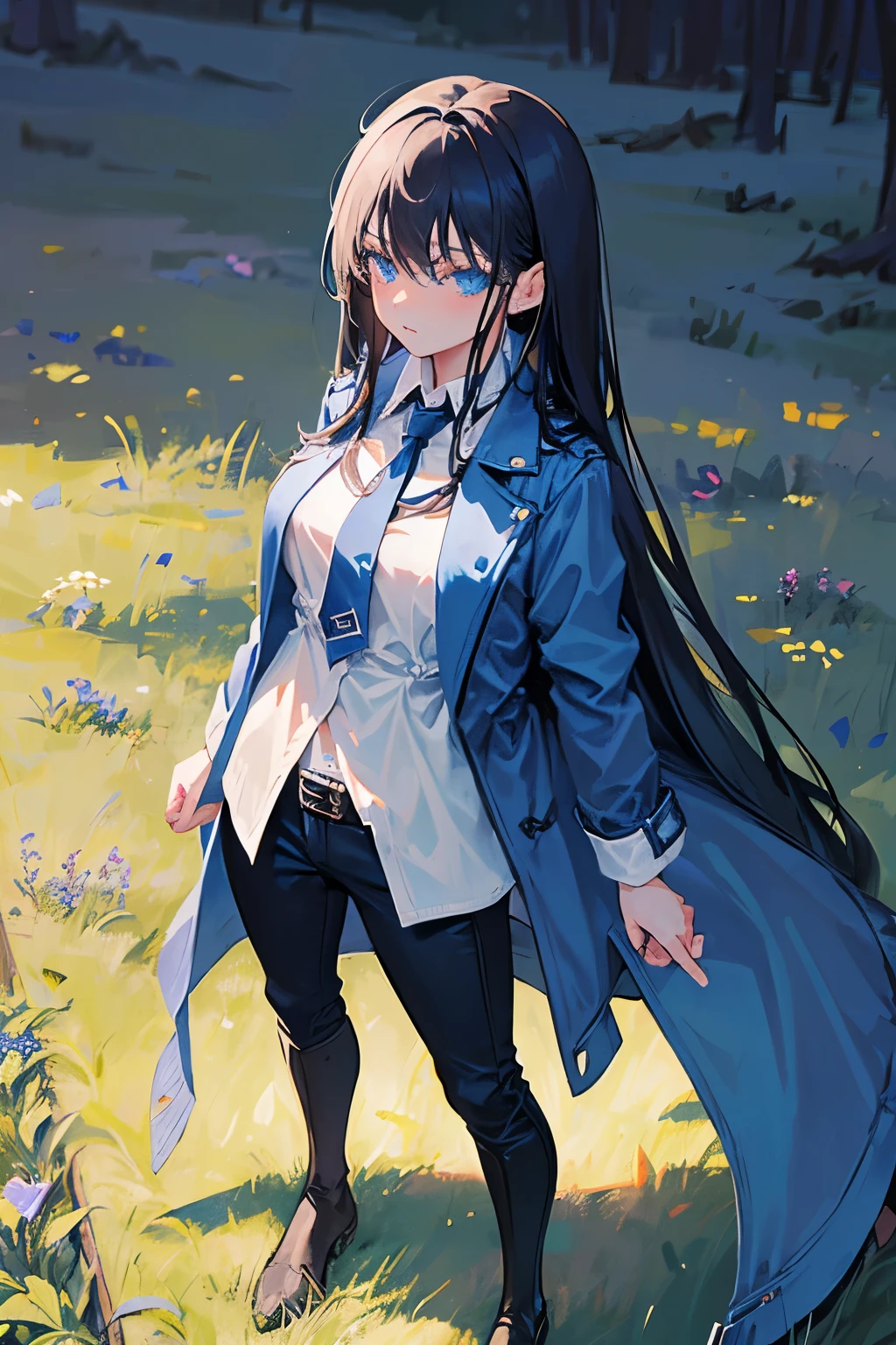 1girl, Black straight long hair, blue eyes, (Detailed face), Full body, ((intense Blue trench coat)), medieval, (Grasslands bakcground), masterpiece, black pants, (cute face)