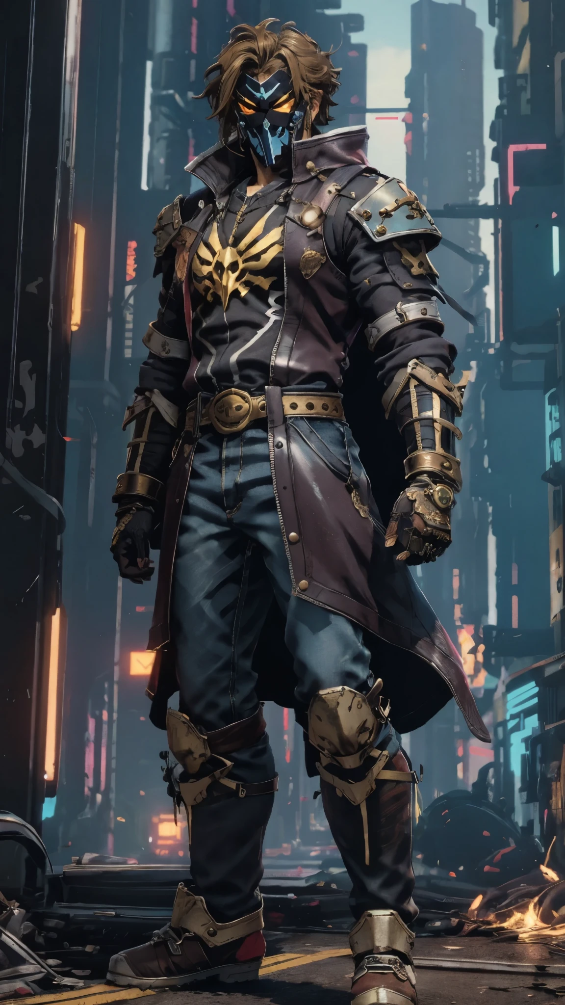An adult man with tousled and messy dark blonde hair, a metallic beast concept mask covering his entire face, full mask, cold and penetrating gaze, a sturdy physique, a loose cyberpunk-style short jacket over a T-shirt, metal wrist guards, a belt around his waist, loose utility pants, adopting a relaxed posture within the cyberpunk-style city, city night view, this character embodies a finely crafted cyberpunk-style masked warrior in anime style, exquisite and mature manga art style, high definition, best quality, highres, ultra-detailed, ultra-fine painting, extremely delicate, professional, perfect body proportions, golden ratio, anatomically correct, symmetrical face, extremely detailed eyes and face, high quality eyes, creativity, RAW photo, UHD, 32k, Natural light, cinematic lighting, masterpiece-anatomy-perfect, masterpiece:1.5