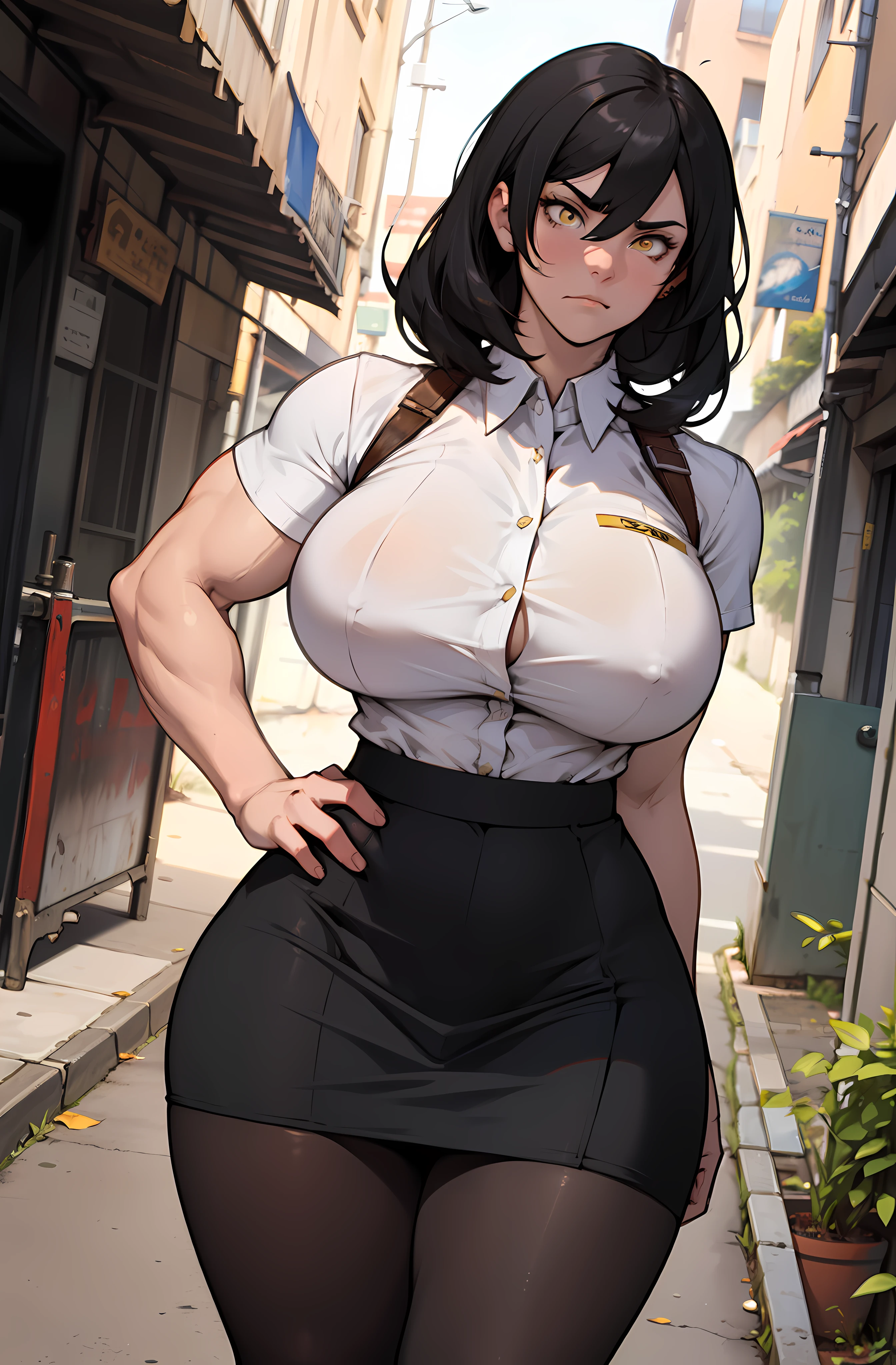 (((muscular girl huge breasts))) black hair yellow eyes pale skin frown UHD 16k best quality wide hips tight shirt skirt pantyhose