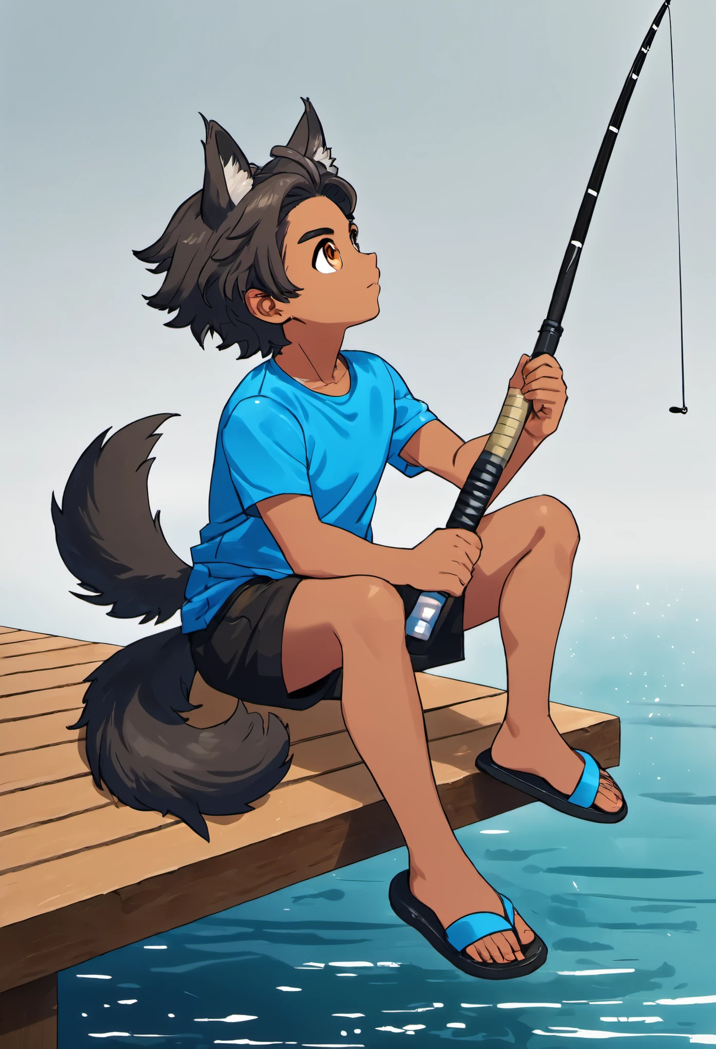 1boy, 7 year old, small, young, dark skin, African American, Brown eyes, Black Coiley hair, Kinky hair, Short Dreadlocks, Black Wolf ears, Black Wolf tail, Blue t-shirt, Black shorts, Flip flops, Perfect hands, Hands in pockets, full body portrait, Blank background, looking towards the fishing rod, Looking at the water, masterpiece, high resolution, ultrasharp, 8k full body commission for, thick tail, commission for high res, full body picture, casual pose, wolf boy, strong fishing pose, sitting at the edge of a pier, Fishing with a fishing rod in hand, Fishing on a lake, With fishing line in the rod, perfect feet, Perfect pose, perfect view, Proper looking feet