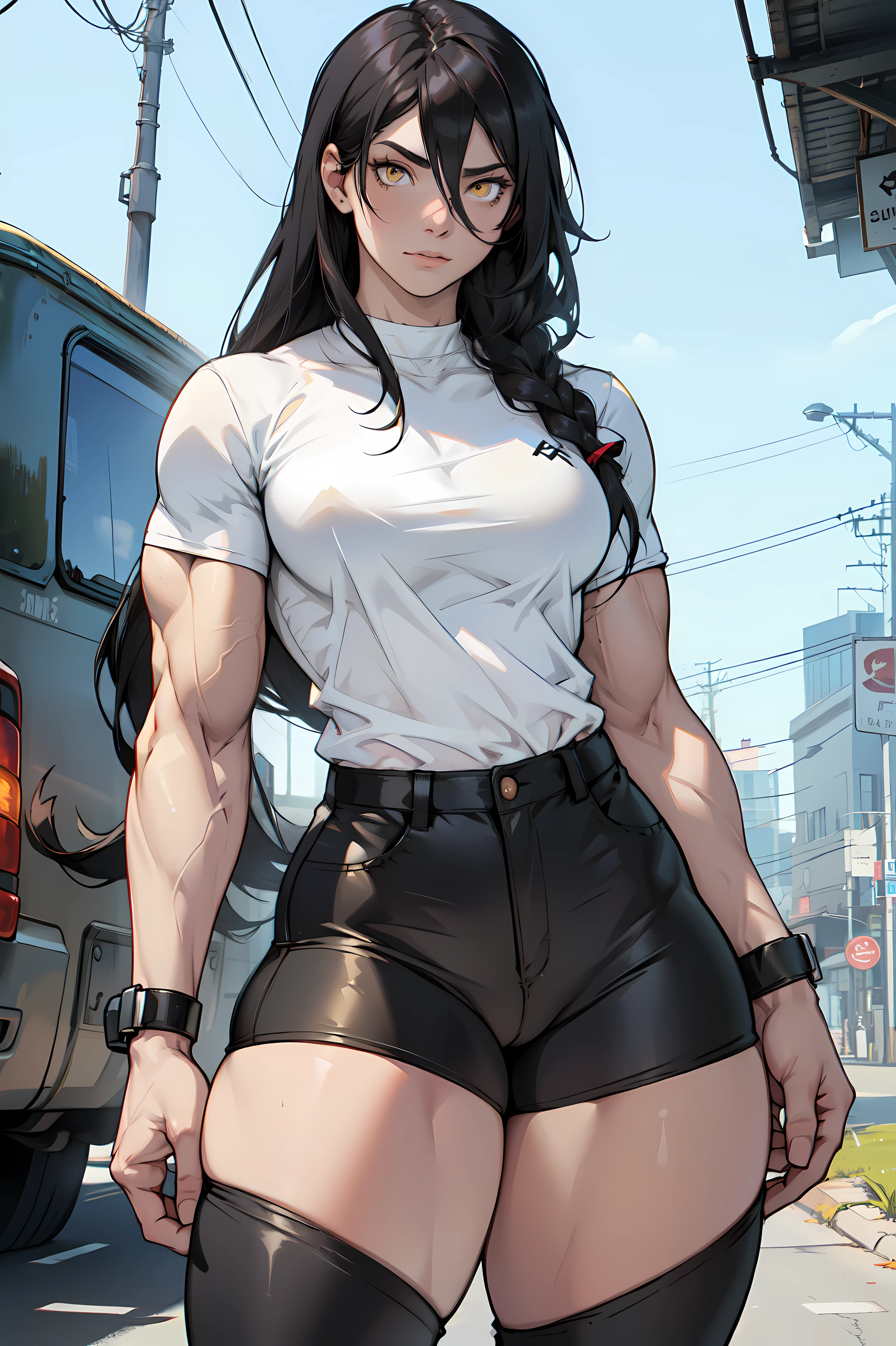 ((((muscular 1girl)))) ((((thick thighs toned body)))) (pale skin) black hair yellow eyes very long hair tight shirt tight pants hair between eyes