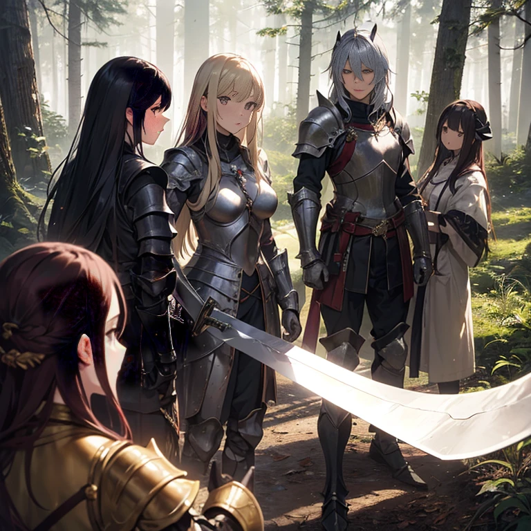 A group of  female knights, (in forest), various hair styles, harem, wearing armored clothes, metal armor, night, details face, trousers, seducing, sword,