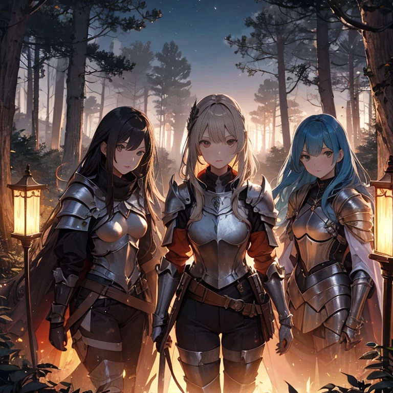 A group of  female knights, (in forest), various hair styles, harem, wearing armored clothes, metal armor, night, details face, trousers, seducing, sword,