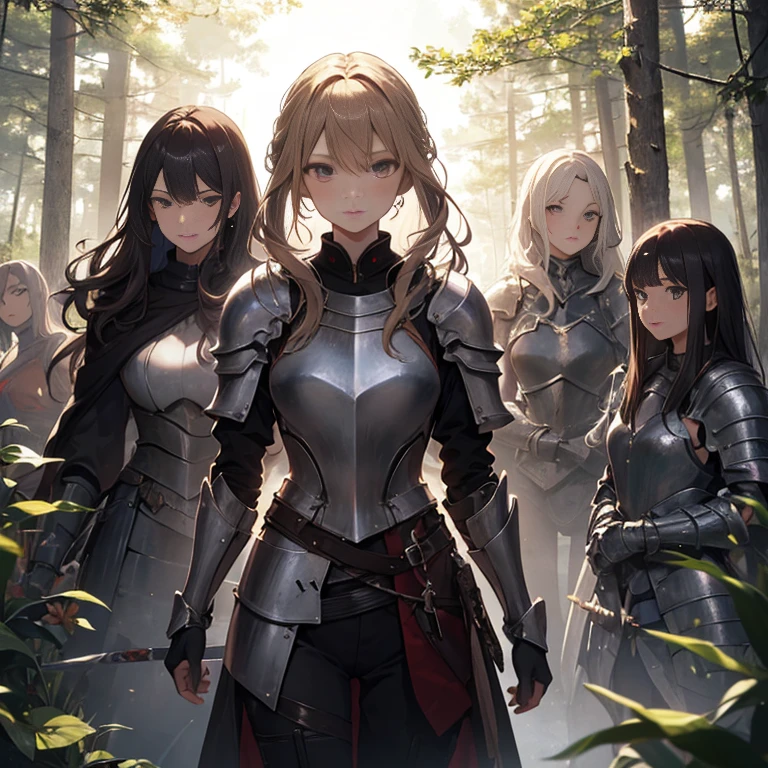 A group of  female knights, (in forest), various hair styles, harem, wearing armored clothes, metal armor, night, details face, trousers, seducing, sword,