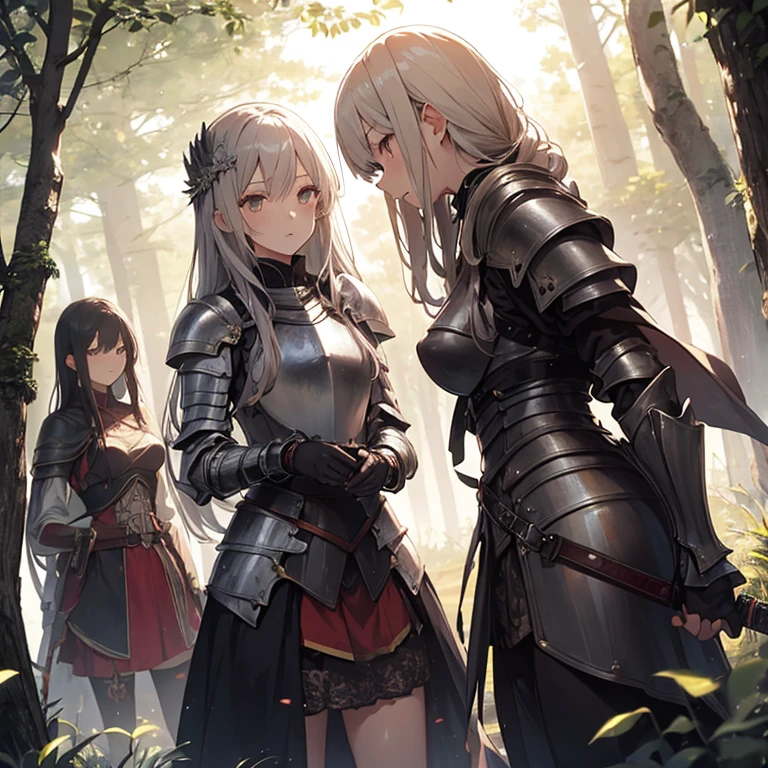 A group of  female knight, (in forest), various hair styles, harem, wearing armored clothes, metal armor, night, details face, , short skirt, seducing, sword 