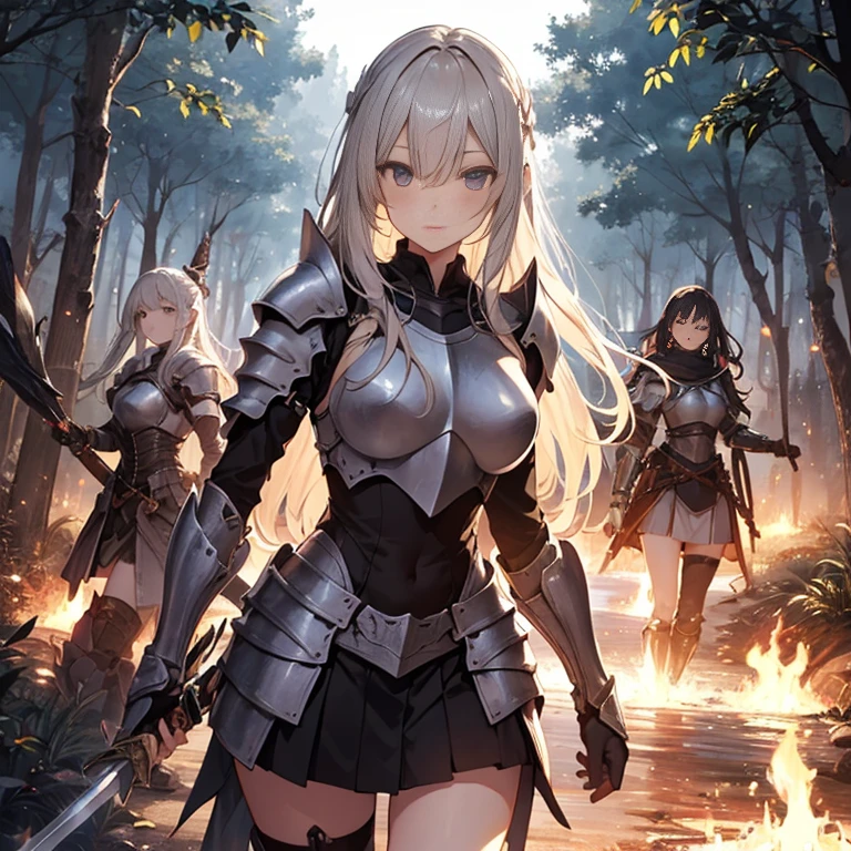 A group of female knight, (in forest), various hair styles, harem, wearing armored clothes, metal armor, night, details face, , short skirt, seducing, sword