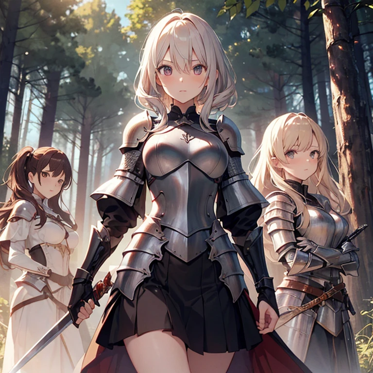 A group of  female knight, (in forest), various hair styles, harem, wearing armored clothes, metal armor, night, details face, , short skirt, seducing, sword 