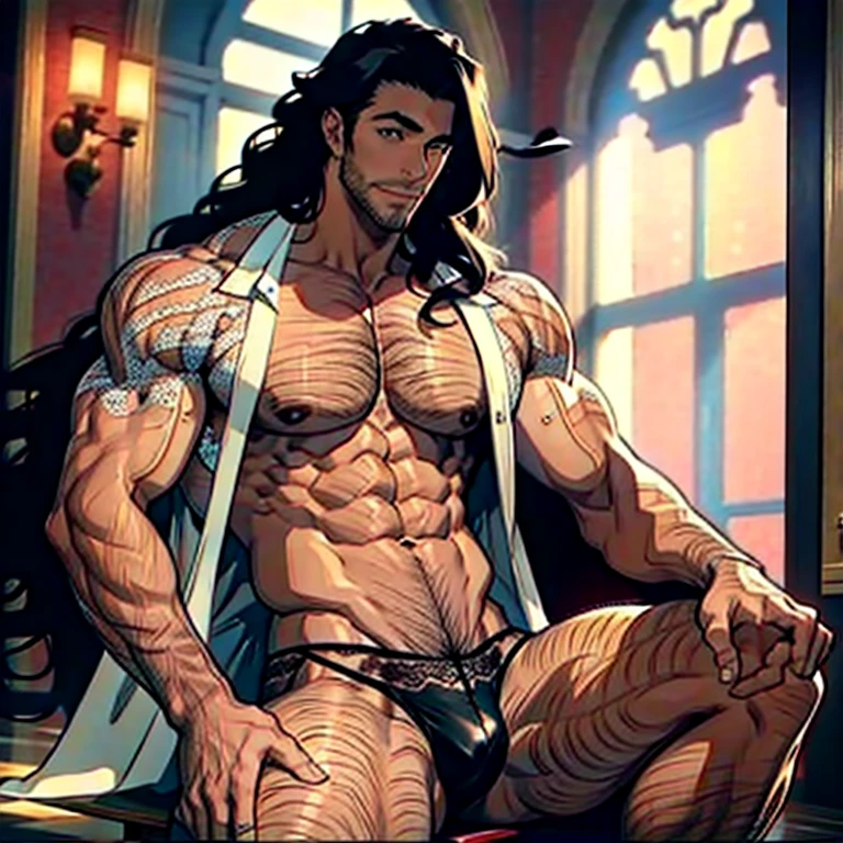 Handsome male wearing lingerie, bra with lace trimmings, panties with lace trimmimgs, male, bara, long hair, 8K,