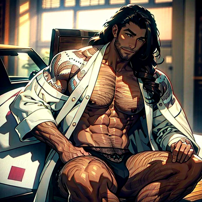 Handsome male wearing lingerie, bra with lace trimmings, panties with lace trimmimgs, male, bara, long hair, 8K,