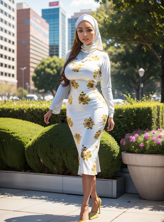 RAW, Best quality, high resolution, masterpiece: 1.3), beautiful Malay woman in hijab,wearing pencil dress, perfect slim fit body, (big breasts), big gorgeous eyes, Soft smile, Delicate turtleneck print sun dress, necklace, shairband, afternoon walk, City garden, Excellent lighting, Bright colors, Clean lines