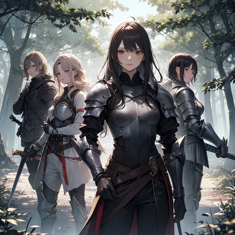A group of female knights, (in forest), various hair styles, harem, wearing armored clothes, metal armor, night, details face, trousers, seducing, sword,