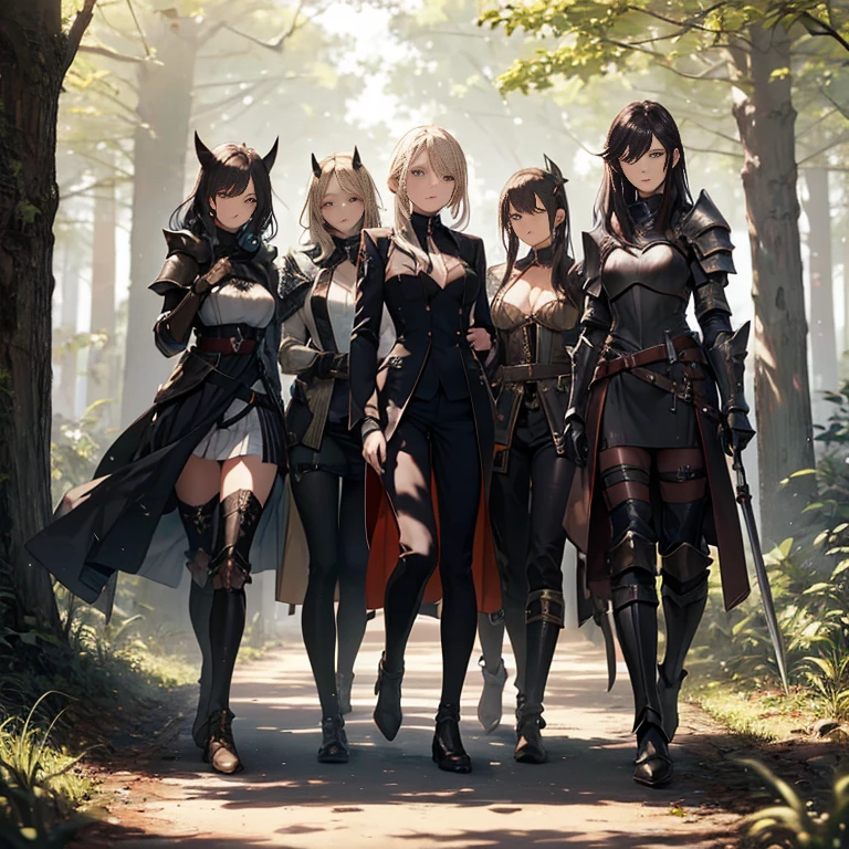 A group of female knights, (in forest), various hair styles, harem, wearing armored clothes, metal armor, night, details face, trousers, seducing, sword,