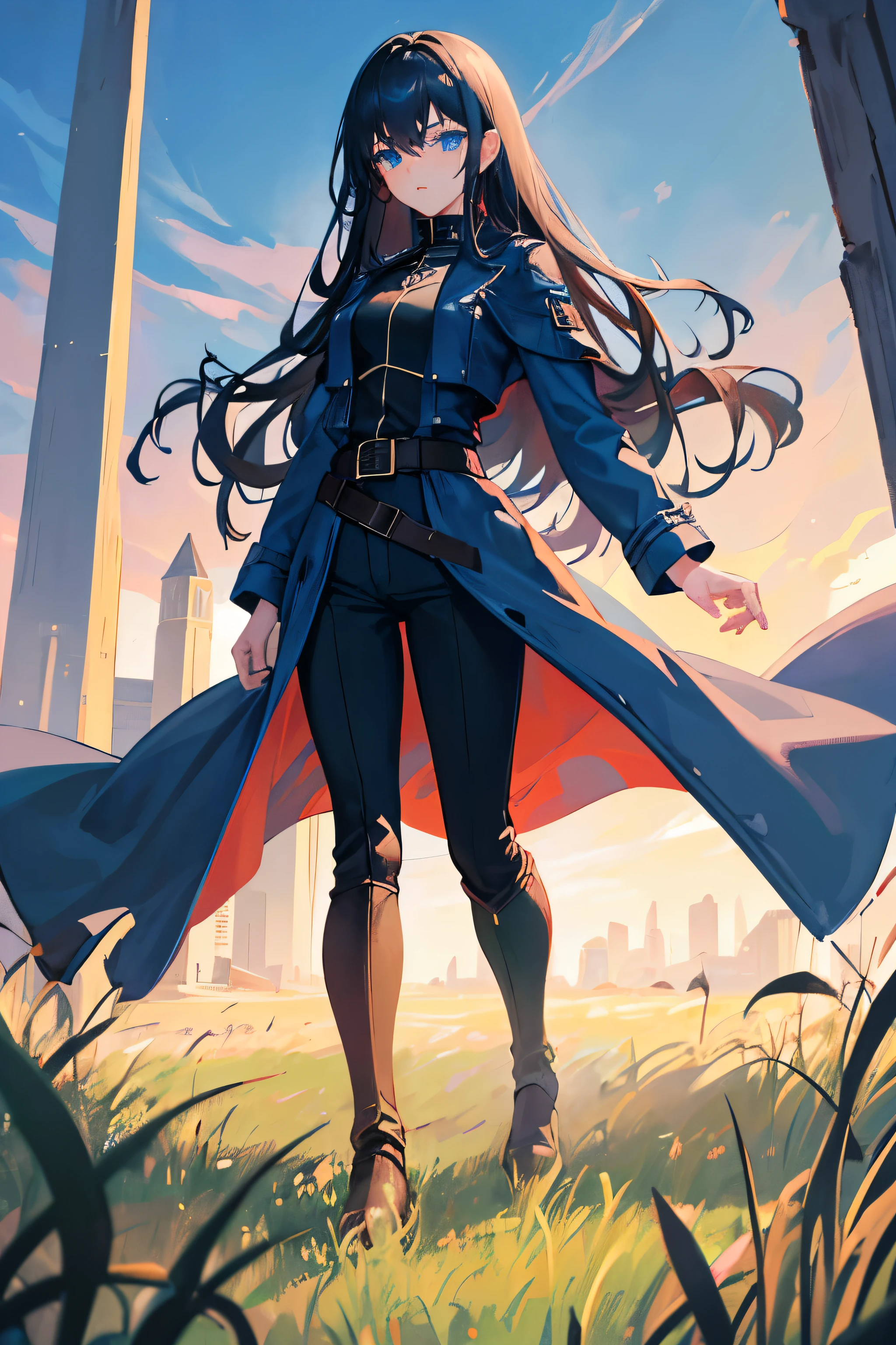 1girl, Black straight long hair, Blue eyes, (Detailed face), Full body, ((intense Blue trench coat)), medieval, (Grasslands bakcground), masterpiece, black pants, (cute face)