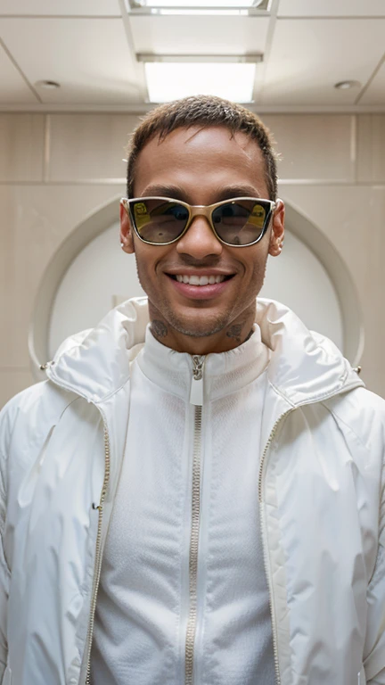 well lit moda shoot of Neymar smiling, oculos de sol, wearing an oversized white inflatable jacket designed by Yeezy and Balenciaga, sharp focus, claro, intrincado, cinematic, glamourous, symmetrical, soft lighting, indirect lighting, Voga, editorial, moda, corpo todo