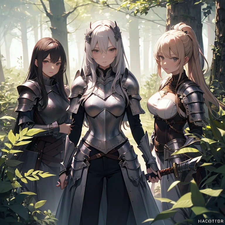A group of female knights, (in forest), various hair styles, harem, wearing armored clothes, metal armor, night, details face, trousers, seducing, sword,