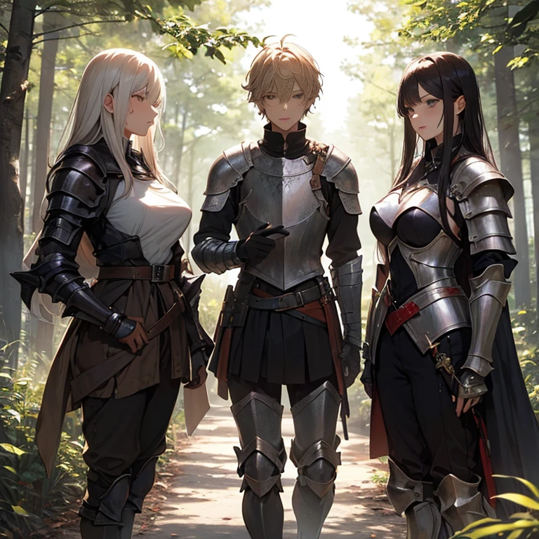 A group of  female knights, (in forest), various hair styles, harem, wearing armored clothes, metal armor, night, details face, trousers, seducing, sword,