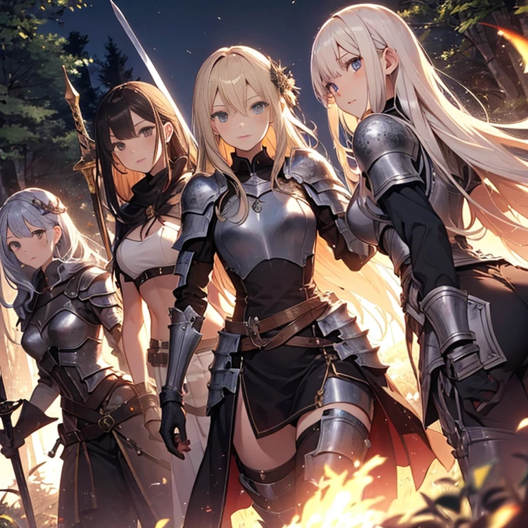 A group of  female knights, (in forest), various hair styles, harem, wearing armored clothes, metal armor, night, details face, trousers, seducing, sword,