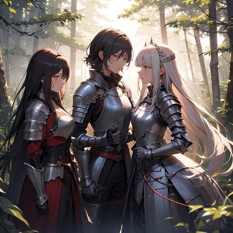 A group of  female knights, (in forest), various hair styles, harem, wearing armored clothes, metal armor, night, details face, trousers, seducing, sword,