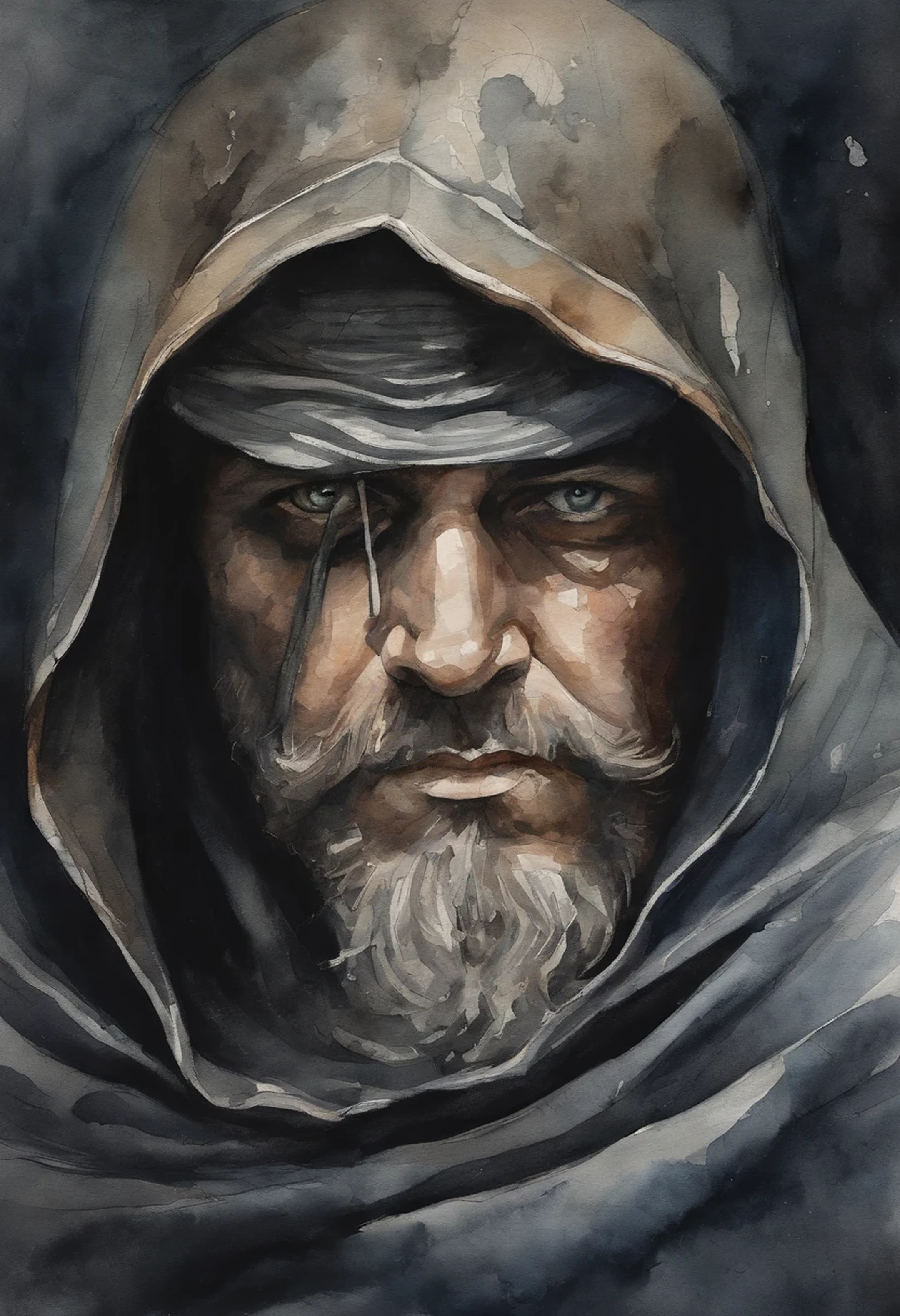 There is a man with a black cloak, bandages covering his eyes, Epic fantasy style.
