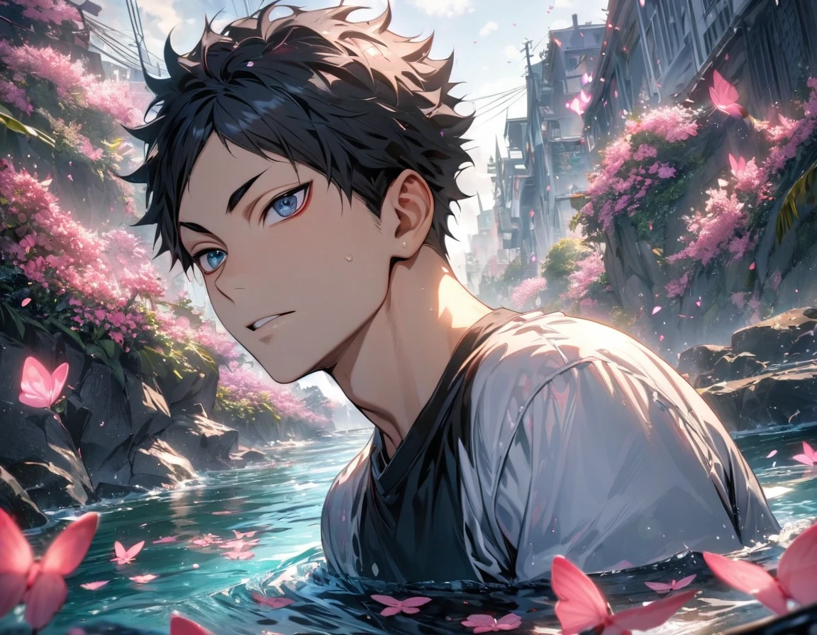 absurdres, highres, ultra detailed, HDR), masterpiece, Akaashi Keiji, vibrant dark blue eyes, black hair, Haikyuu, 1man, handsome, water, pink flowers, pink butterflies, white jacket, black T-shirt