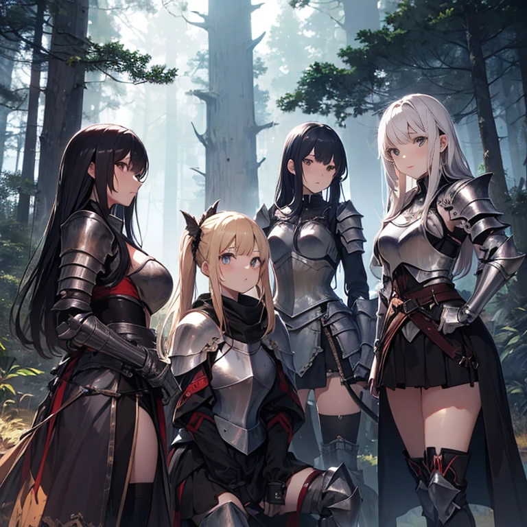 A group of female knight, (in forest), various hair styles, harem, wearing armored clothes, metal armor, night, details face, , short skirt, seducing, sword