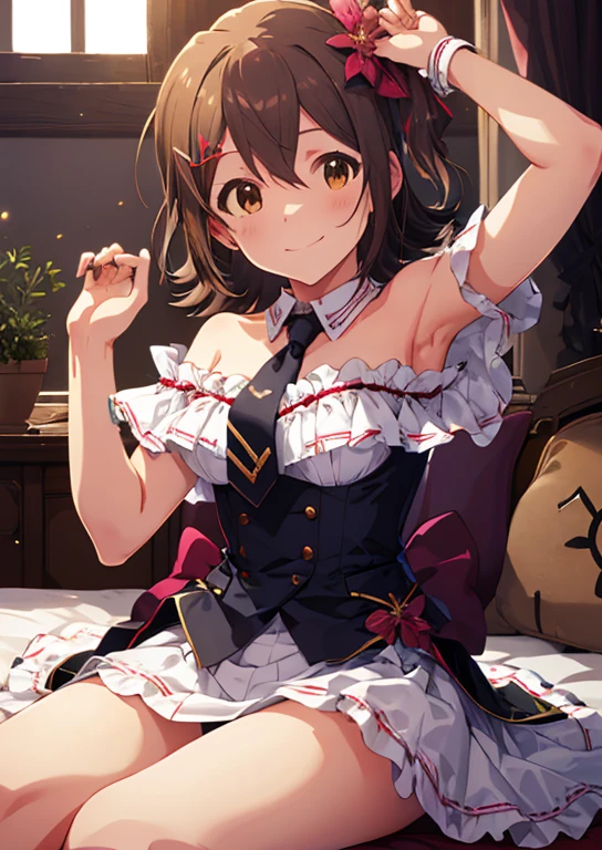 Mirai Kasuga (million live), (highest quality, 8K, masterpiece, Super detailed:1.2), (Lens flare, particles of light, shine), big breasts, smile, open your mouth, masterpiece, highest quality, Super detailed, High resolution, Very detailed CG, official art, idol costume, pink tie,white skirt, off shoulder, ((NFSW)), Bedroom, sexy, panty shot, ((M-shaped spread legs)), Spread your legs and stretch,Panties that dig into the crotch