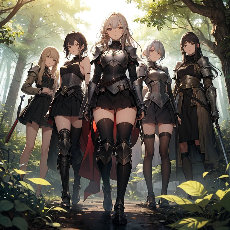 A group of  female knight, (in forest), various hair styles, harem, wearing armored clothes, metal armor, night, details face, , short skirt, seducing, sword 