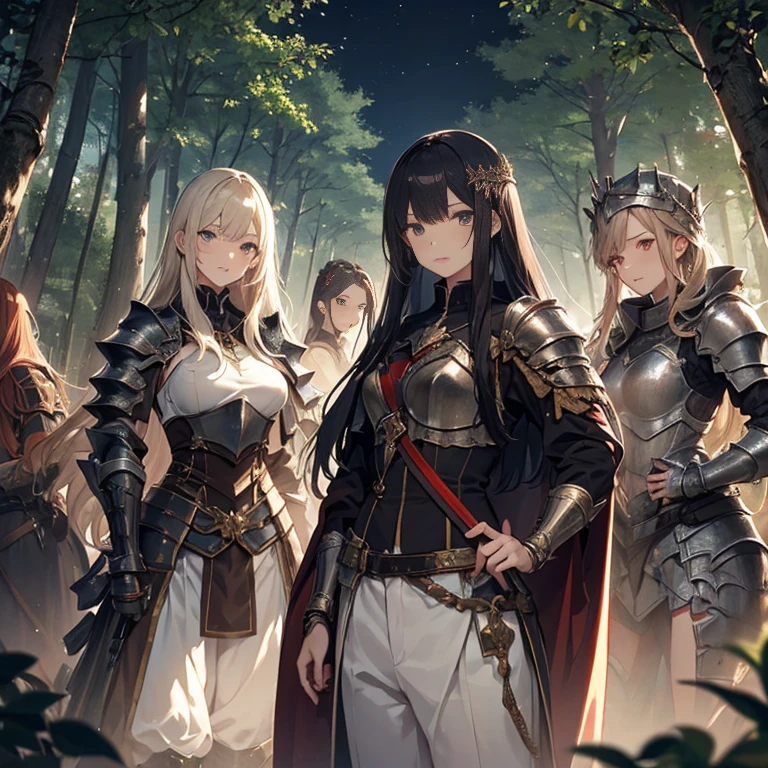 A group of female knights, (in forest), various hair styles, harem, wearing armored clothes, metal armor, night, details face, trousers, seducing, sword,