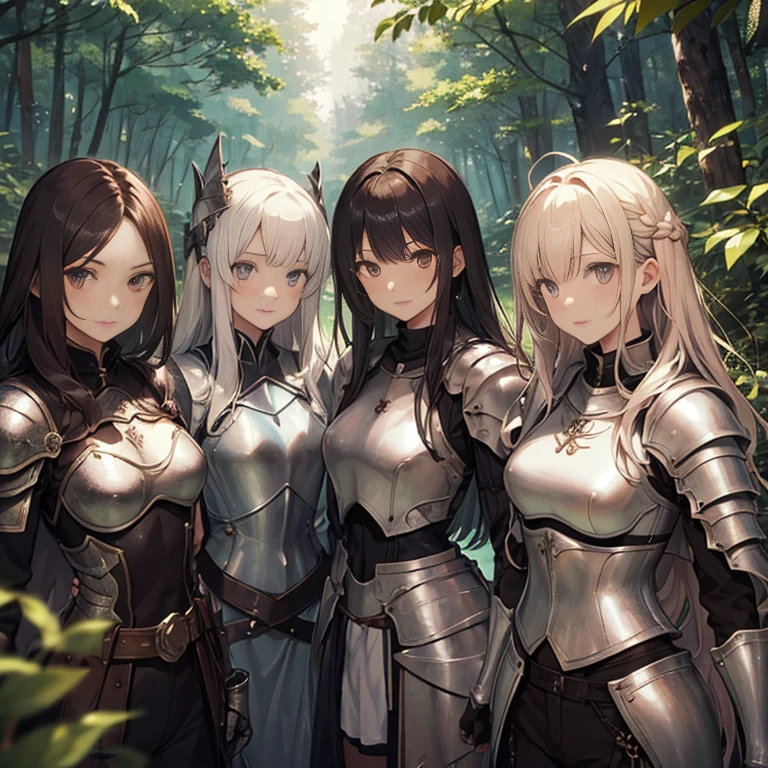 A group of female knights, (in forest), various hair styles, harem, wearing armored clothes, metal armor, night, details face, trousers, seducing, sword,