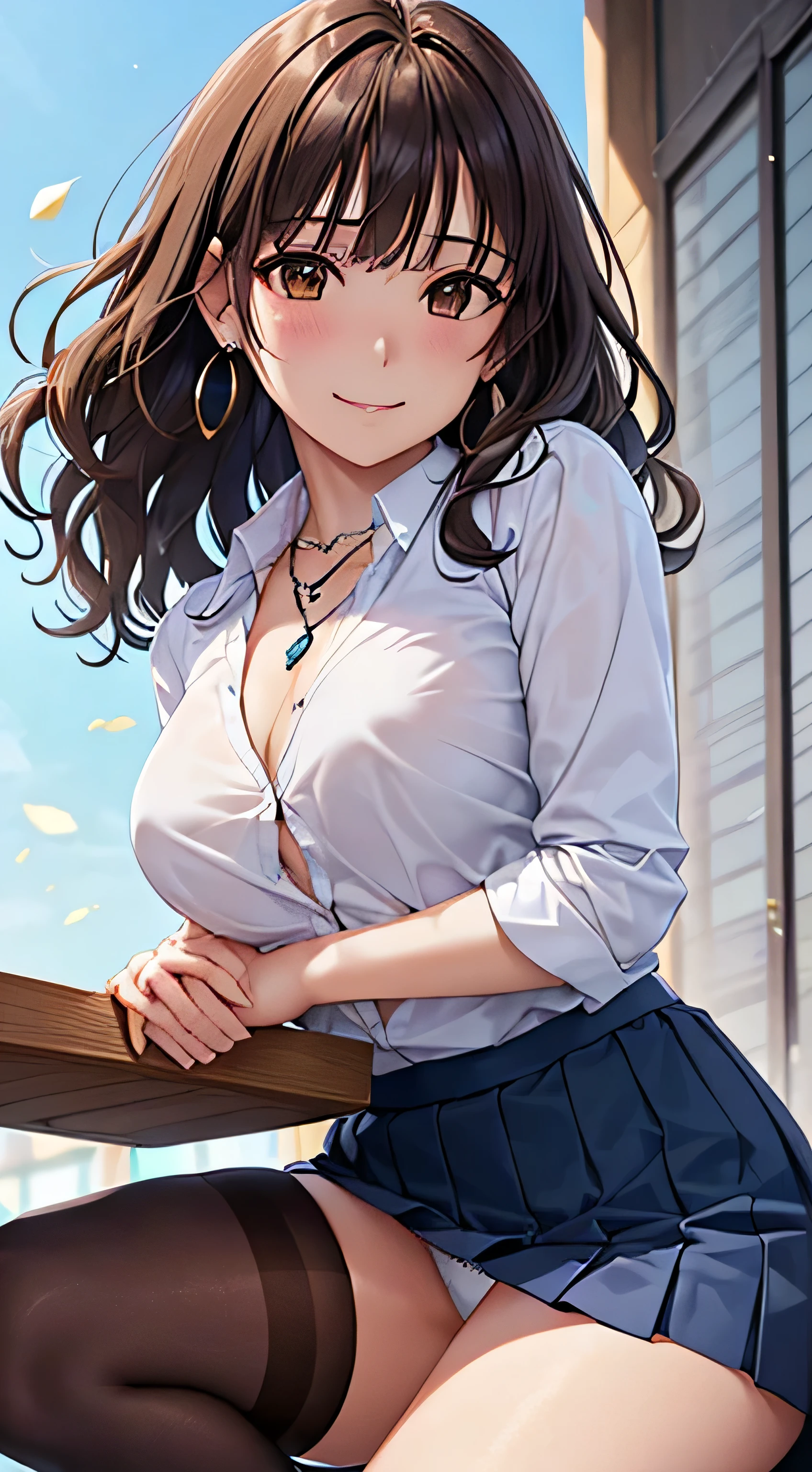 (table top, highest quality, High resolution, , perfect pixel, 4k,), 1 girl, single, alone, Beautiful woman、I could see the whole body、 ((wavy mid hair, bangs, brown hair)), ((brown eyes, beautiful eyelashes, realistic eyes)), ((detailed face, blush:1.2)), ((smooth texture:0.75, realistic texture:0.65, realistic:1.1, Anime CG style)), medium breasts, dynamic angle, perfect body, ((, female teacher, , earrings、necklace、white shirt with collar、Shirts without buttons、Dark blue flared skirt、black knee high stockings、open both legs wide、、shy smile、Sit on the floor、leaning forward)), Upper 、、、evening、、(You can see the white and light blue lace panties and bra、、(Bring your chest and arms together、Lift up your skirt and show your panties、The wind blows up my skirt)、angle from below)、