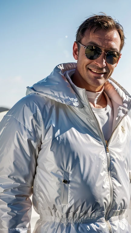 well lit moda shoot of Nigel Mansell smiling, oculos de sol, wearing an oversized white inflatable jacket designed by Yeezy and Balenciaga, sharp focus, claro, intrincado, cinematic, glamourous, symmetrical, soft lighting, indirect lighting, Voga, editorial, moda, corpo todo