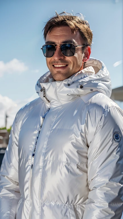 well lit moda shoot of Nigel Mansell smiling, oculos de sol, wearing an oversized white inflatable jacket designed by Yeezy and Balenciaga, sharp focus, claro, intrincado, cinematic, glamourous, symmetrical, soft lighting, indirect lighting, Voga, editorial, moda, corpo todo