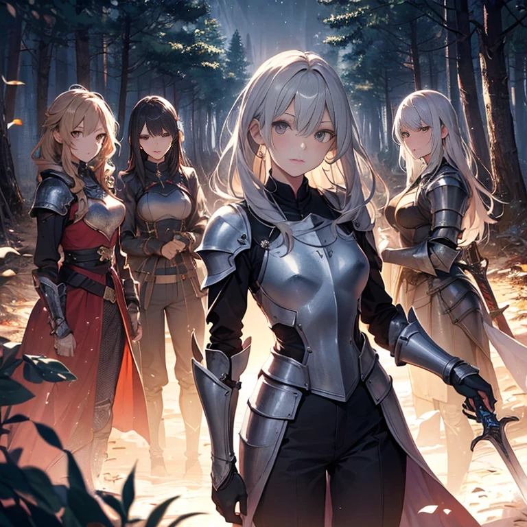 A group of female knights, (in forest), various hair styles, harem, wearing armored clothes, metal armor, night, details face, trousers, seducing, sword,