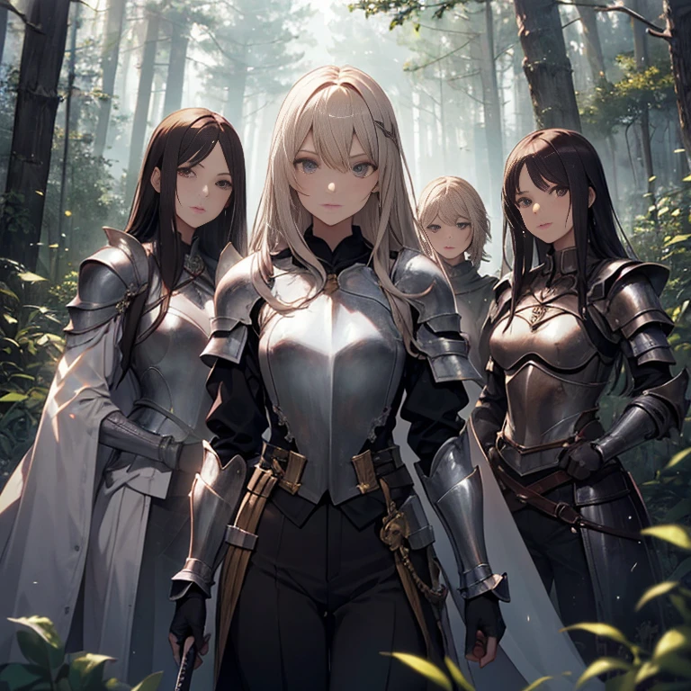A group of  female knights, (in forest), various hair styles, harem, wearing armored clothes, metal armor, night, details face, trousers, seducing, sword,