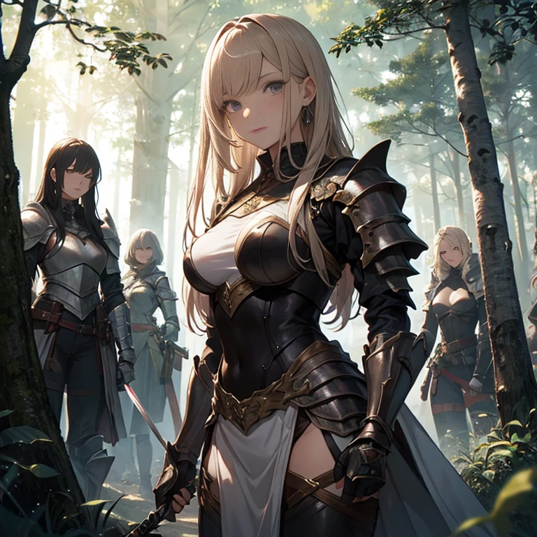 A group of female knight, (in forest), various hair styles, harem, wearing armored clothes, metal armor, night, details face, , short skirt, seducing, sword,