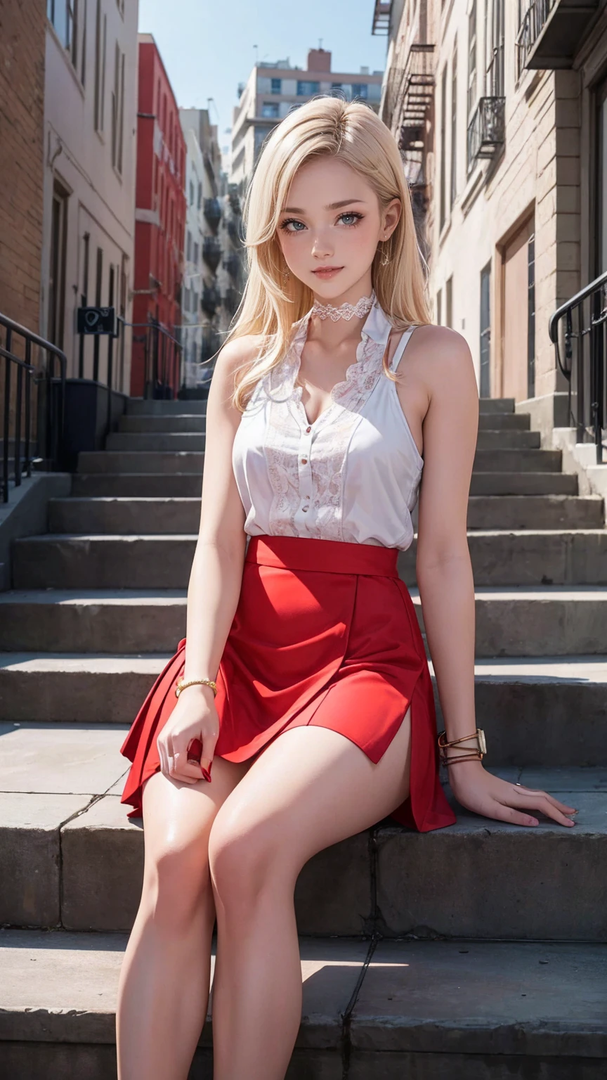 ((最high quality, 8K, masterpiece: 1.3, Ultra HD, high quality, 最high quality, High resolution, realism)) 、25 year old white woman、platinum blonde、blue eyeedium long hair、my hair is wavy、smile、Slender but well-proportioned muscular body、I'm wearing earrings、I'm wearing a necklace、Wearing accessories on wrists and ankles、I'm wearing a ring、I don't want my head to disappear from the screen.、Wearing red nail polish、I have a peticure、smile、I'm punching my chest、nice buddy、She's wearing an off-the-shoulder top with frills that reveals her underboobs、She's wearing a mini-length, low-rise pleated skirt、My abs are cracked、I can see my bellybutton、wearing sandals、smile、chest emphasis、cleavage emphasis、I'm in the big square in the old town、lean against the wall、Arms crossed