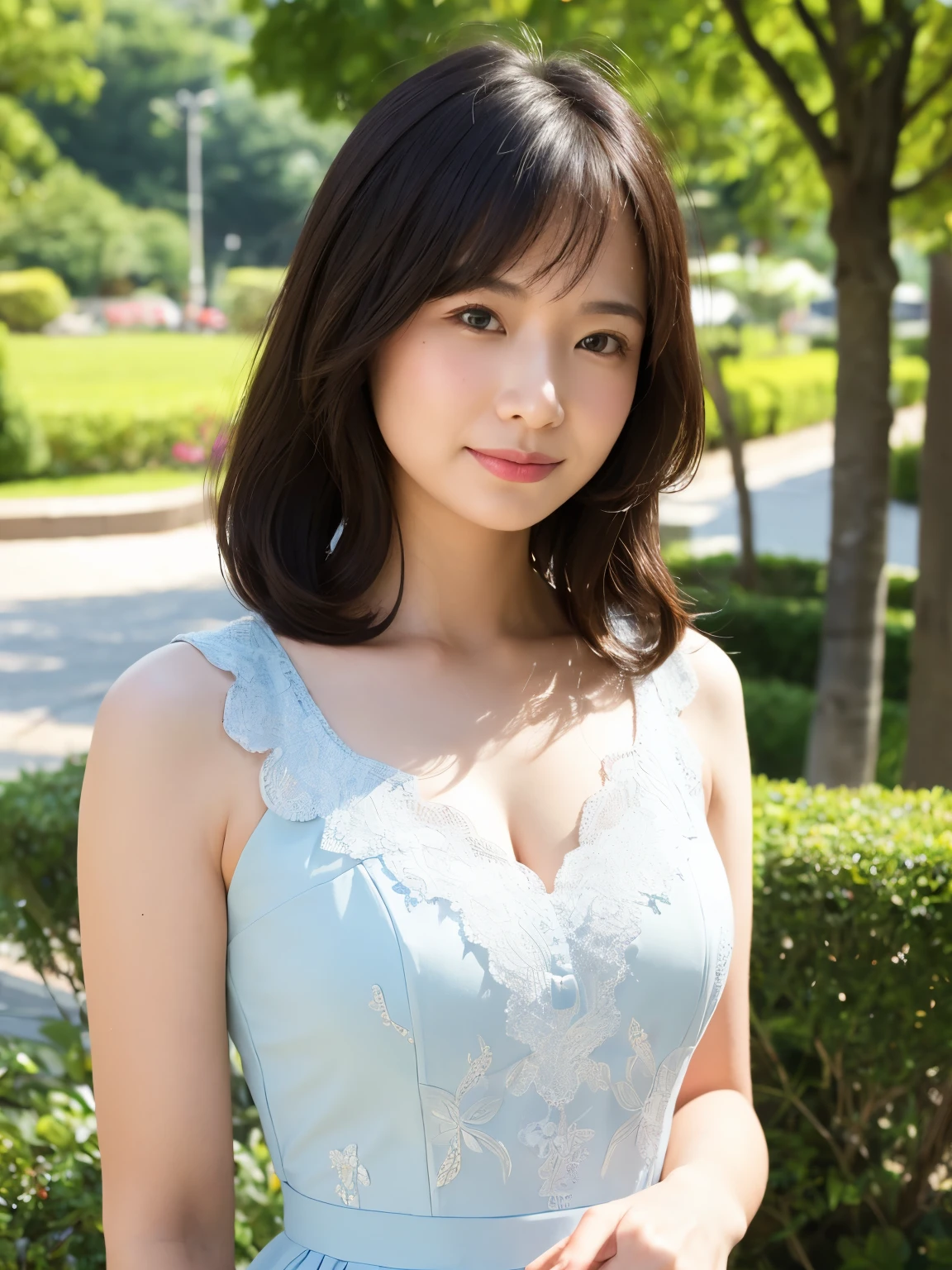 best quality, in 8K, master piece, lifelike, Sharp Focus, high quality, hilight resolution, A detailed face, A detailed eye, Thick lip, (Look at viewers), solo, Beautiful Women, 28 year old, A slender, Beautifully trimmed hair, cleavage of the breast, (brightly colored dress, dress color is random), Afternoon in front of the park garden, (Random body direction), whole body shot,