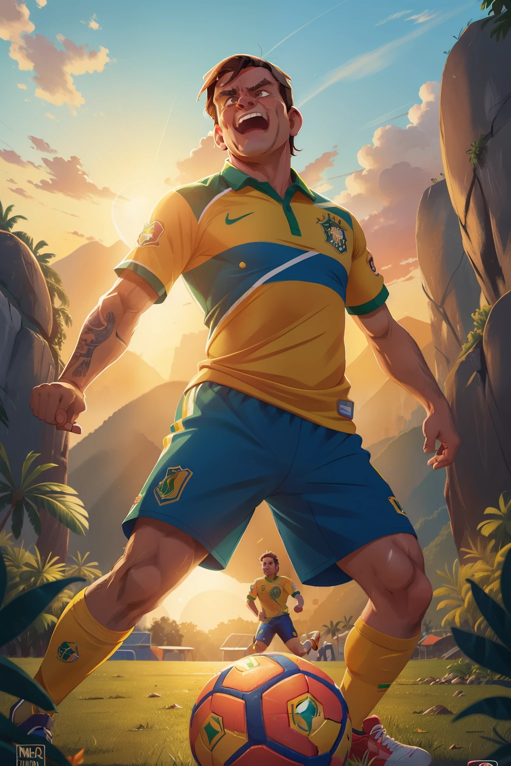 A realistic Brazilian president Bolsonaro, in a bright and energetic scene, confidently executes a bicycle kick goal, wearing the Brazilian national soccer team's jersey in vibrant yellow. The sun is setting behind him, casting a warm glow over a beautiful mountainous landscape, as he celebrates the goal with a joyful expression, reminiscent of the Disney Channel style. The image is captured in 8K ultra-high definition, with every detail sharp and clear, from Bolsonaro's determined face to the rippling fabric of his jersey.