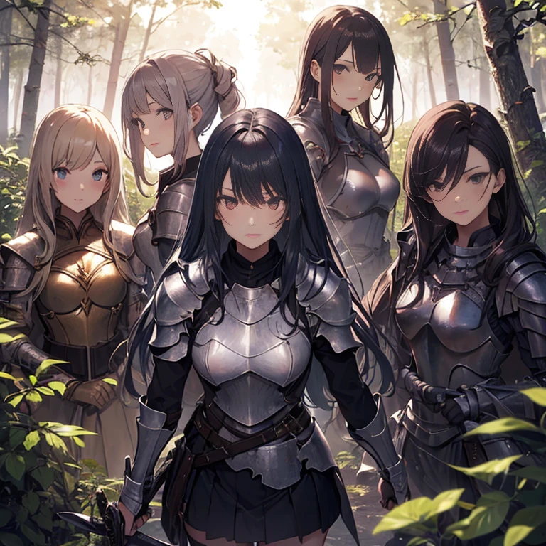 A group of female knight, (in forest), various hair styles, harem, wearing armored clothes, metal armor, night, details face, , short skirt, seducing, sword