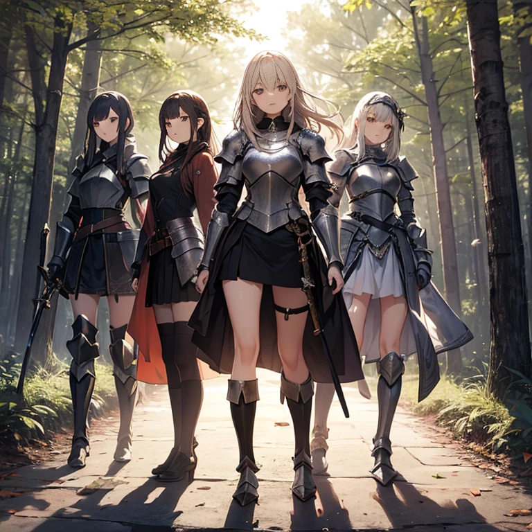 A group of female knight, (in forest), various hair styles, harem, wearing armored clothes, metal armor, night, details face, , short skirt, seducing, sword