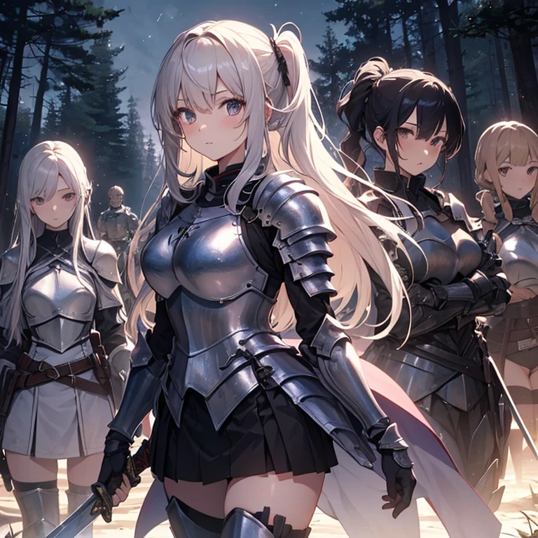 A group of female knight, (in forest), various hair styles, harem, wearing armored clothes, metal armor, night, details face, , short skirt, seducing, sword